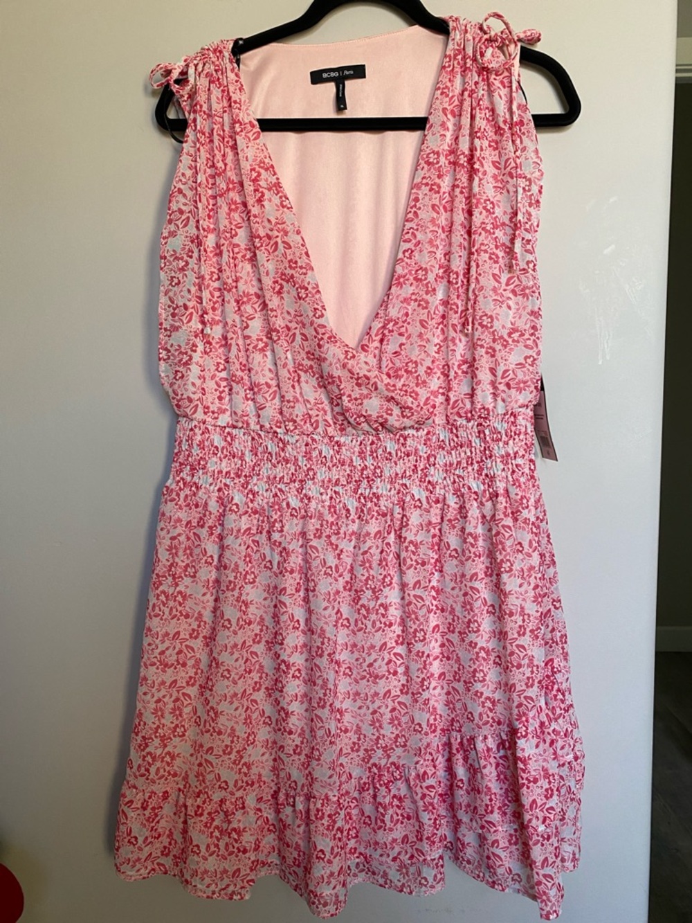 BCBG Paris Layered Chiffon Floral Pink Baby Doll Dress Size XL NWT